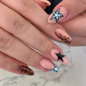 24pcs Almond Press-On Nails, Vintage Star Tortoise Shell Pattern, Style, Includes Jelly Glue and File, Almond Fake Nails