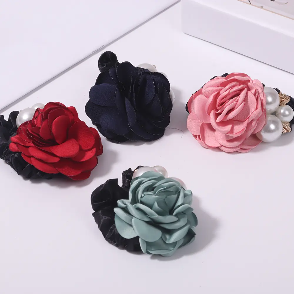 4 piece Flower Rhinestone Elastic Ropes High Elasticity Ponytail Holders Rose Flower Rhinestone Hair Ties for Women Girls Thick Hair