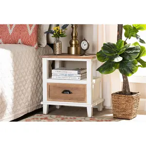 212 MAIN Glynn Rustic Farmhouse 1-Drawer Nightstand - Compact, Weathered 2-Tone White & Oak Brown Wood Frame, Weathered Finish, 1-Drawer Storage Solution
