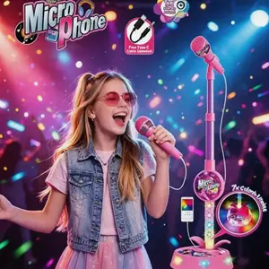 New kids microphone toy with colorful gradient lights, Height adjustable built-in karaoke sound effects. It adopts Type-C data transfer and can connect to mobile phones and other devices to play songs, letting kids fall in love with singing.