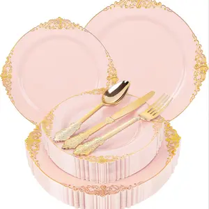 50 Piece and Gold Plastic Plates Dinnerware Set, Vintage Round Plates with Silverware, Perfect for 10 Guests Wedding Party