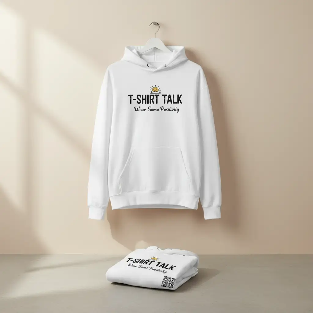 T Shirt Talk Hoodie White Long Sleeve Medium Length Autumn Menswear Sweatshirts with Logo & QR Code for Everyday Wear