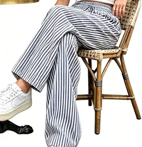 Women's Striped Wide Leg Pants, High Waist Drawstring Casual Straight Leg Trousers, Loose Fit Lightweight Linen Palazzo Pants with Pockets