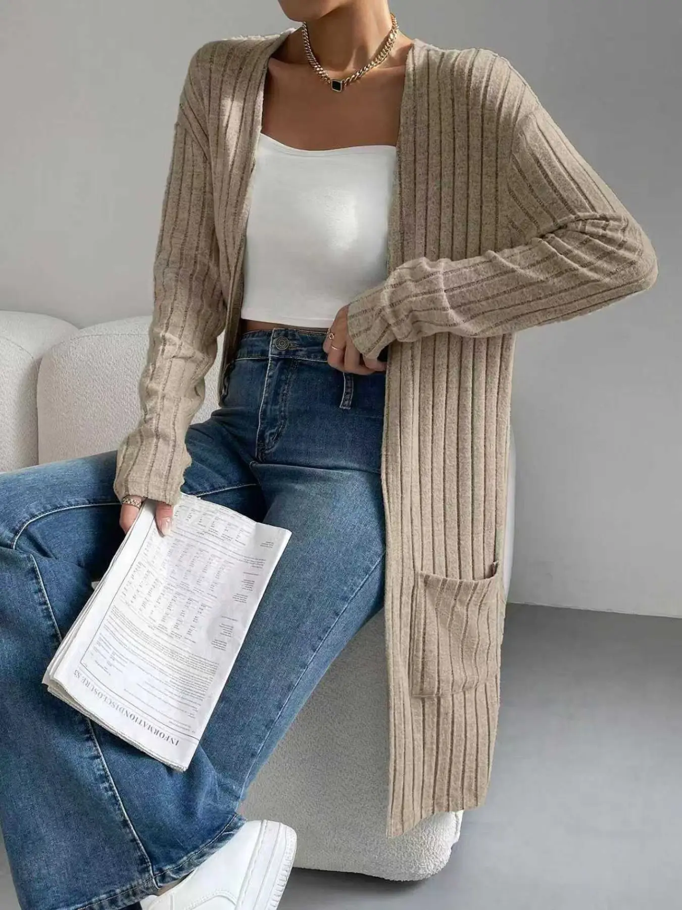 New Women's Mid-Length Ribbed Knit Solid Cardigan, Elegant Fitted Style for Fall & Winter, Effortless Instagram-Worthy Look