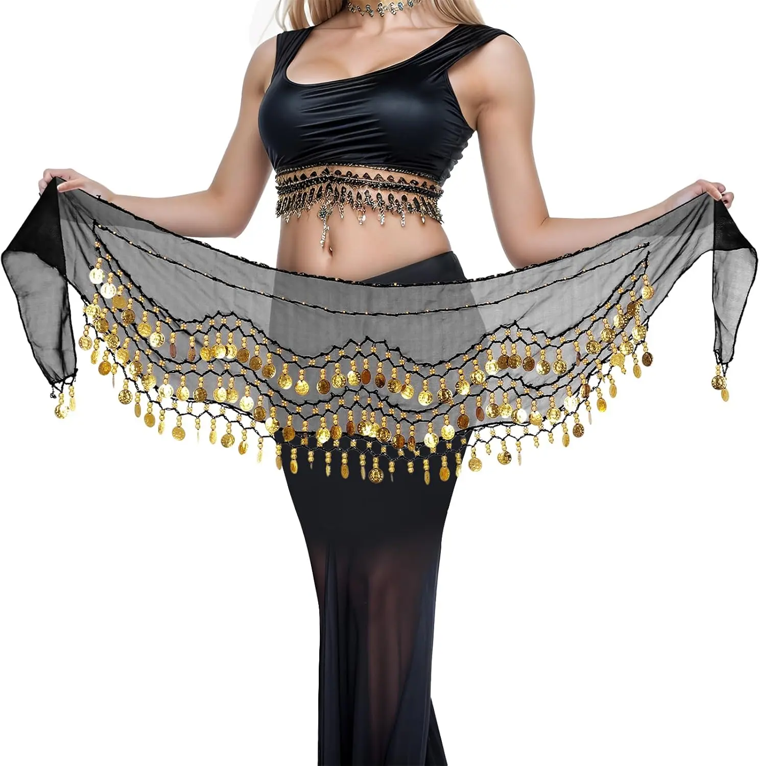 Women's Sequin Coin Belly Dance Hip Scarf - Wrap Accessory for Bellydance, Halloween Performance Costumes, Accessories