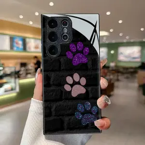 Phone Case: Glimmering Paw Prints Whispering on Brick Wall Black Tempered Glass Shell for Samsung Galaxy S26 S25 S24 S23 S22Pro S21 S20 Fe Plus Ultra Pro A56 A55 A54 A53 A52 A51 A36 A35 A34 A32 A26 A25 A24 A23 A16 A15 A14 A06 A05 A03s