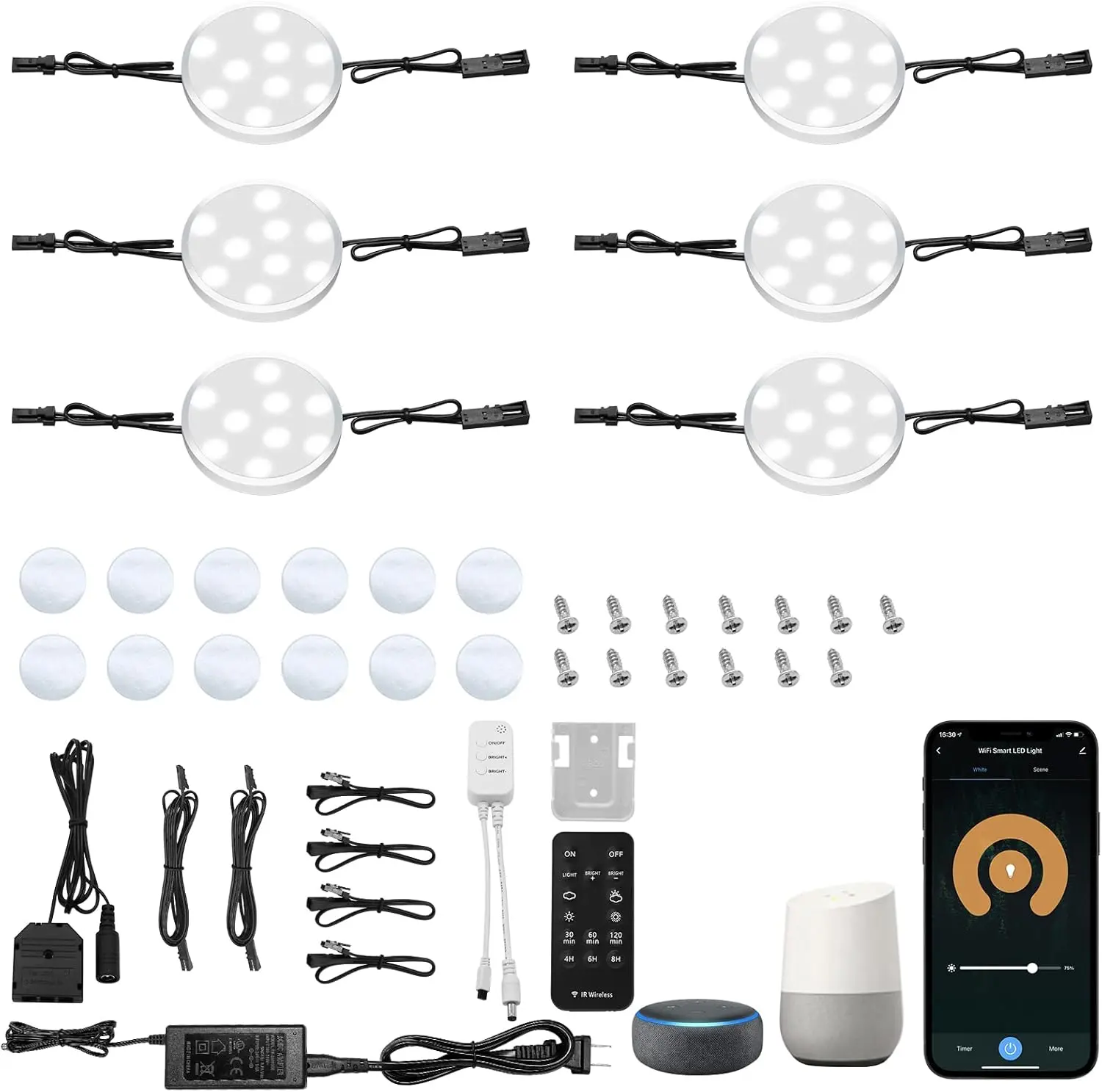 6-Pack Linkable LED Puck Lights, Smart Under Cabinet Indoor Lights with Splitter, Self Adhesive Tape (12 Tapes), Wireless Remote, Alexa & APP Control, Dimmable Plug-in AC Power Supply