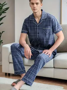 Men's Trendy Print Lapel Short Sleeve Fitted Pajama Set, Comfortable Skin-Friendly Style, Casual Homewear, 2 Piece Pack