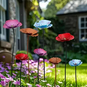 Two Metal Garden Decor Stakes, Colorful Poppy Flowers, Outdoor Yard Decoration, Spring Summer Garden Ornament, Indoor & Outdoor Use