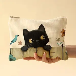 Cat Pattern Corduroy Makeup Bag, Lightweight Zipper Makeup Bag, Multifunctional Makeup Organizer for Toiletries and Accessories