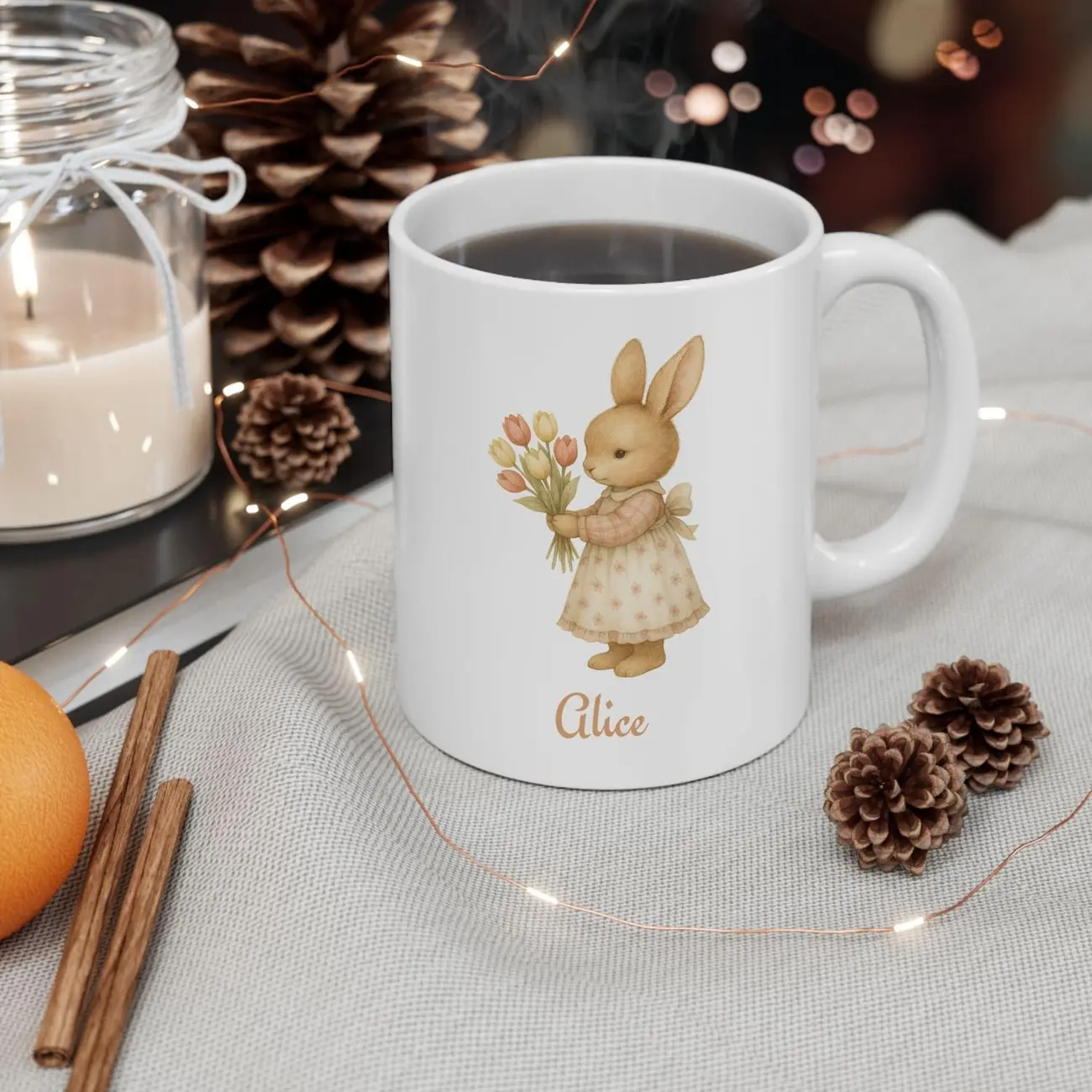 Easter Bunny Mug with Custom Name | Personalized Easter Bunny Mug | Cute Rabbit Coffee Cup | Kids Enamel Mug | Unbreakable Tin Camping Gift GQM