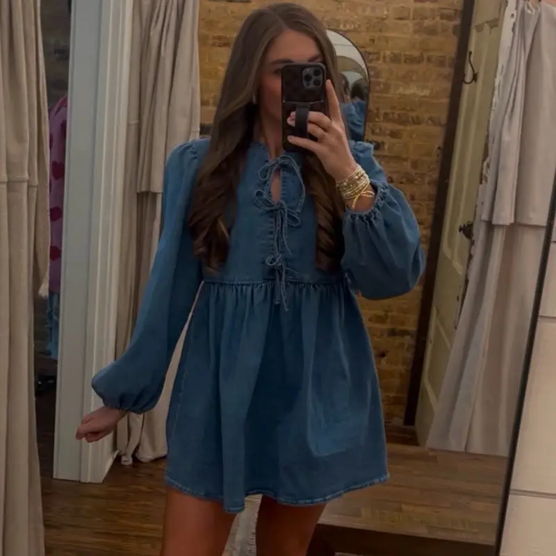 Women’s Western Dress, Women’s Mini Dress, Western Dress, Bow Detail Dress, Bows, Ribbon, Bow Dress, Denim Dress, Women’s Western Denim Dress, Bow Detail Dress, Western Fashion, Country Music Concert Outfit