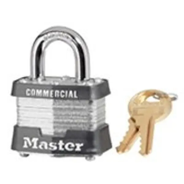 Master Lock 3KA0464 Steel Padlock, 1.5 In. 4-Pin Tumbler Cylinders, Brass Construction, 5.42 x 2.54 x 2.27 In. for Outdoor Storage, Sheds