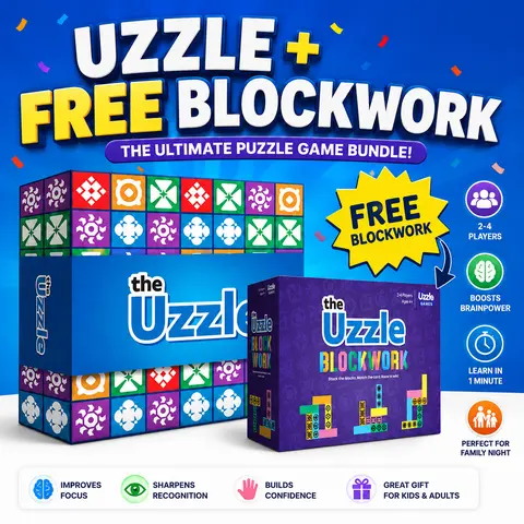 The Uzzle 4.0 Family Board Game + FREE Gift: Uzzle Blockwork Puzzle Game | Ages 4+ | 100 Challenges | 4 Difficulty Levels | Fast-Paced Pattern Matching Game