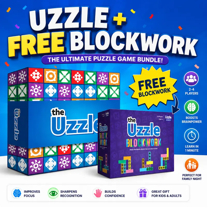 The Uzzle 4.0 Family Board Game + FREE Gift: Uzzle Blockwork Puzzle Game | Ages 4+ | 100 Challenges | 4 Difficulty Levels | Fast-Paced Pattern Matching Game