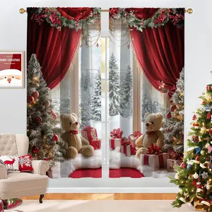 2PCS Christmas-Themed Brushed Fabric Digital Printing Curtains, Cozy Scene Design of Teddy Bear & Christmas Gifts Curtains, Rod Pocket Installation, Semi-Transparent Polyester Material, Suitable for Living Rooms, Home Decoration Curtain