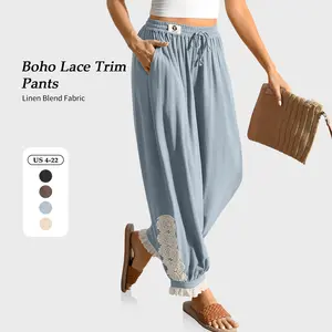 【SS26 Collection】TARSE Women’s Boho Linen Blend Harem Pants Loose with Lace Trim Casual Vintage Lantern Travel Drawstring Cropped Pants with Pockets