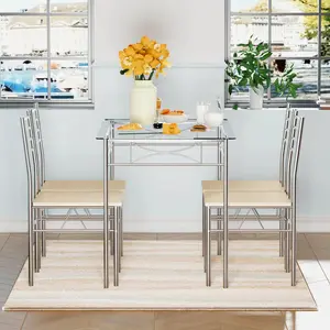 5-Piece Dining Set Table with 4 Chairs for Kitchen Furniture, Glass Table Top with Metal Frame, Silver