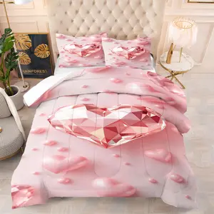 Sweet Romantic Print Comforter Set, Including A Comforter and 1/2 Pieces of Pillowcase Without Core, Embellished With Small Pink Heart Decoration, Fashionable and Warm Bedroom Bedding, Soft Bedding Sets