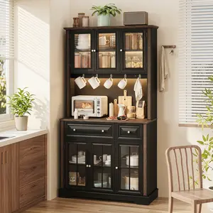 70-inch living room, dining room, and kitchen storage cabinet with power outlet and LED light; 38-inch wide kitchen sideboard with countertop; tall kitchen sideboard suitable for storage in family dining room, kitchen, and living room, black.