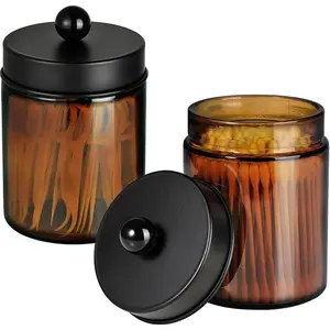 Glass Qtip Holder,  Jars with Matte Black Metal Lid & Stickers-Bathroom Qtip Dispenser Storage Organizer Set, Counter Canister for  Swabs,Round Pads,Floss (2 Pack)