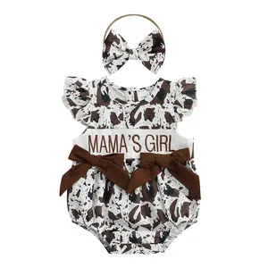 Western-style baby girl summer outfit, Mom’s Girl, cow-print bow jumpsuit, pleated-sleeve jumpsuit, hooded strappy jumpsuit