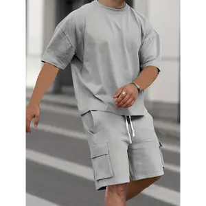 Breathable Fabric] Men's Beige Sportswear Set - Polyester Crew Neck T-Shirt & Drawstring Shorts, Machine Washable, Summer Comfort