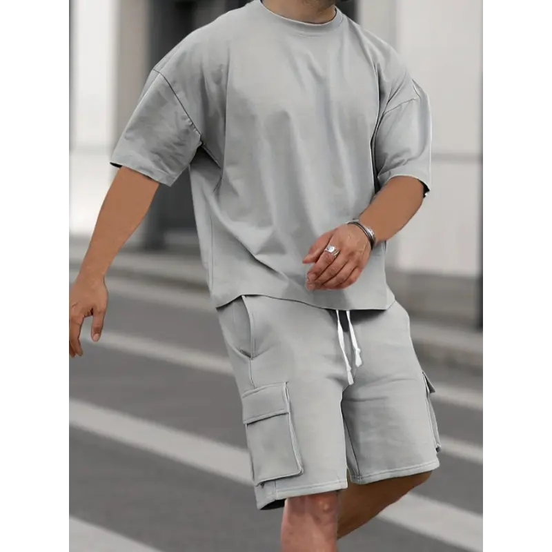Breathable Fabric] Men's Beige Sportswear Set - Polyester Crew Neck T-Shirt & Drawstring Shorts, Machine Washable, Summer Comfort