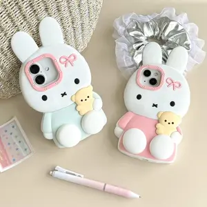 Miffy Cute Cartoon 3D Bunny Foot Stand Silicone Phone Case for IPhone16/15/14/13ProMax Full-Cover Shockproof with Stable Base