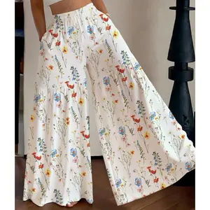 French Countryside Floral Leopard Print Wide Leg Pants, High Waist Pleated Swing Pants with Pockets, Breathable Casual Loose Fit Womenswear