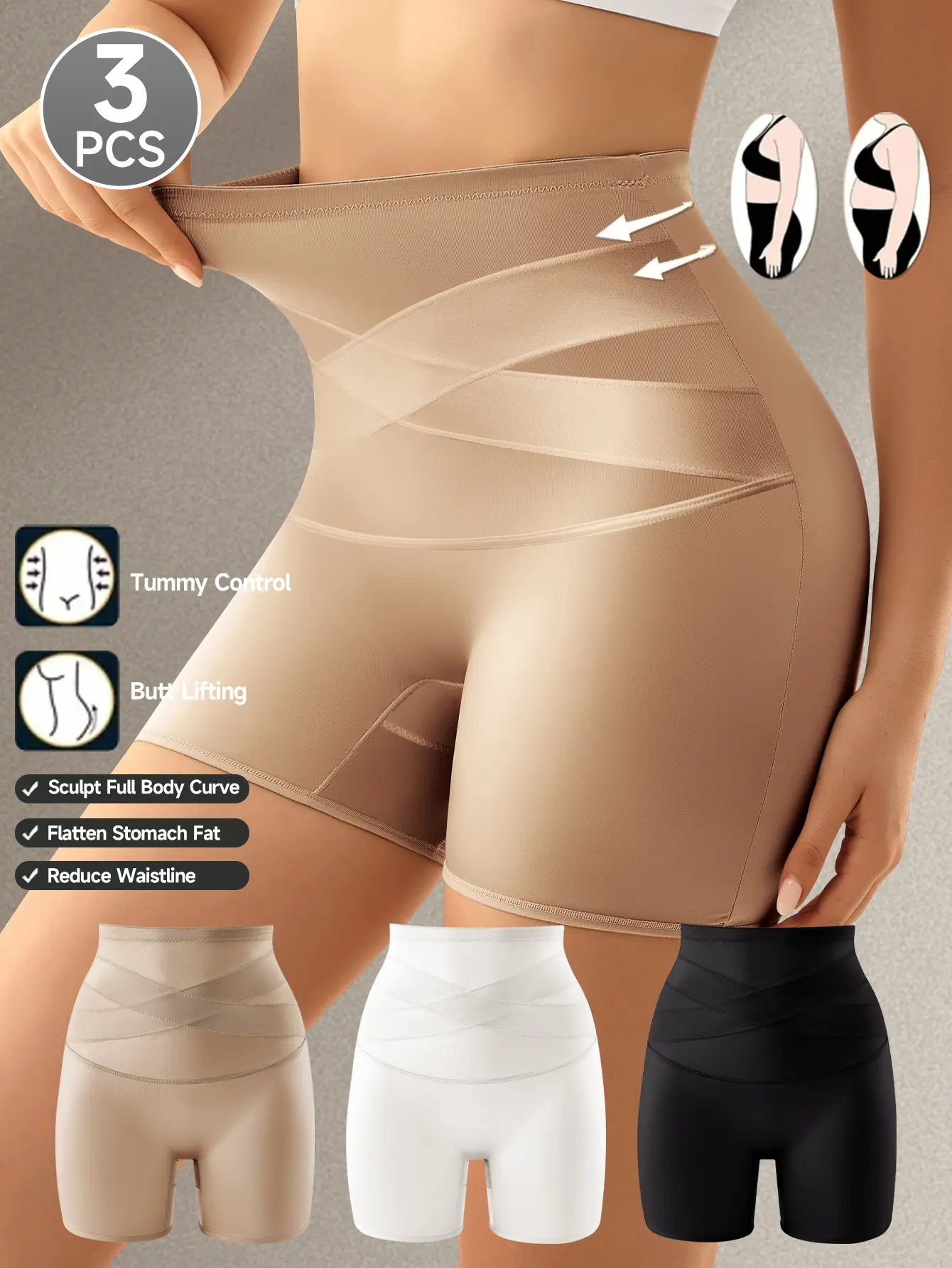 QUASTI 3 Pack High-waisted Shapewear Short, Criss Cross Cut Design Firm Control Boxer Short, Seamless Silky Smooth Breathable Lightweight Stretchy Fit Shaping Underwear, Confident Everyday & Basic Bridal Wear Intimate Panties for Women, S-XXL