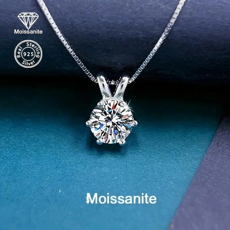 925 Silver 1 Carat Moissanite Pendant Necklace Fashionable, Elegant, Versatile, Women's Birthday Gift, Daily, Vacation, Party, Valentine's Day, Teacher's Day, Christmas, Halloween, Wedding Anniversary, Shiny Jewelry