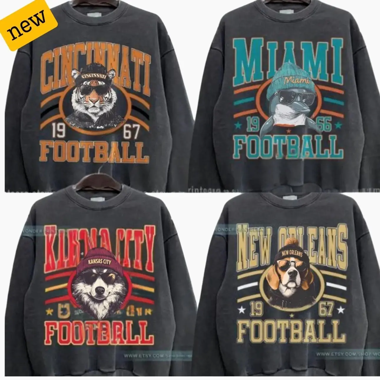 New Retro Style Varsity ALL TEAM FOOTBALL Crewneck Sweatshirt - Gildan DARK HEATHER, Long Sleeve, Medium Clothing Length - Spirit Animal Football, Sports Home Town, Menswear 8S Cotton Trending