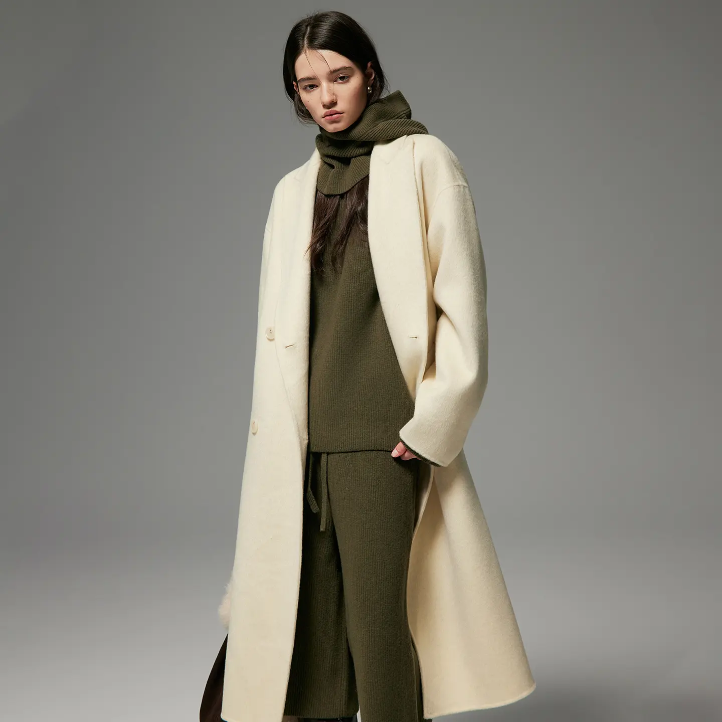 Women's Custom 100% Extra Fine Pure Wool Long Sleeve Midi Coat - Peak Lapel, Double Breasted, Belted Wrap Design, Solid Plain Cold Weather Jackets & Overcoat Blazer Outerwear, Basic, Tailored Look, Tops, Longsleeves Womenswear Fitted Casual Minimalist