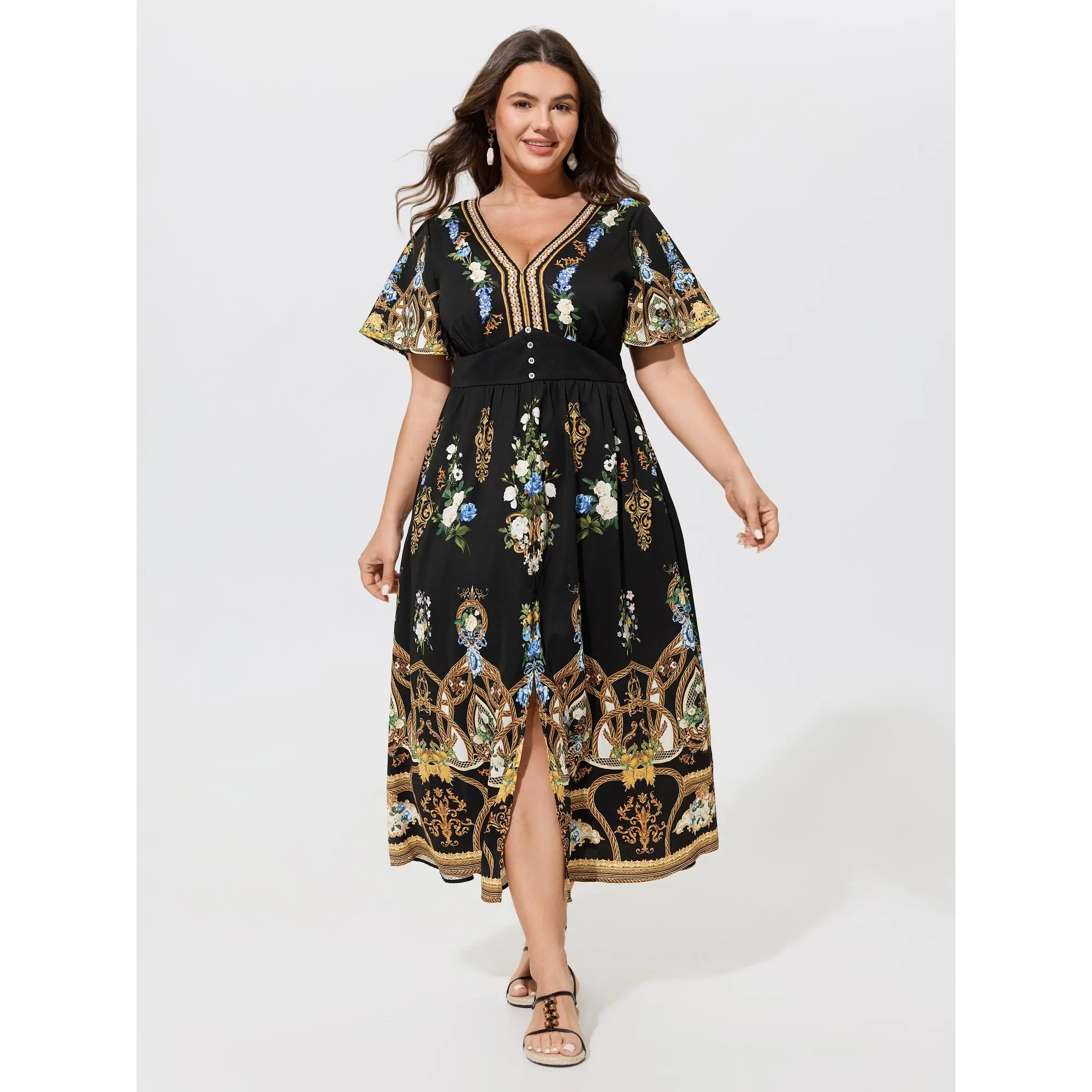 BloomChic Plus Size Baroque Floral Print Front Split Maxi Dress[M-6X] Back To School,Spotlight Day