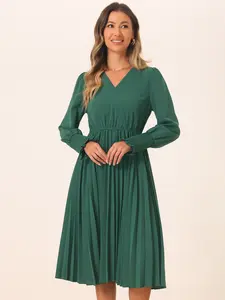 INSPIRE CHIC Women's Fall V Neck Long Sleeve Flowy A-Line Midi Pleated Dress Dark Green