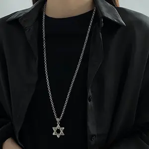 Men's Titanium Steel 6-Point Star Necklace, Chain for Mens, Minimalist Clean Aesthetic Hip Hop Jewelry with Figaro/Anchor/Cuban Links, Hexagonal Retro Zircon Pendant, Elegant Rose Gift Option,summervibes, Guys Gifts, Accessories outdoorfun