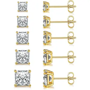 18K White /Yellow /Rose  Plated Princess Cut Square Clear Cubic Zirconia Stud Earring Pack of 5 Pairs