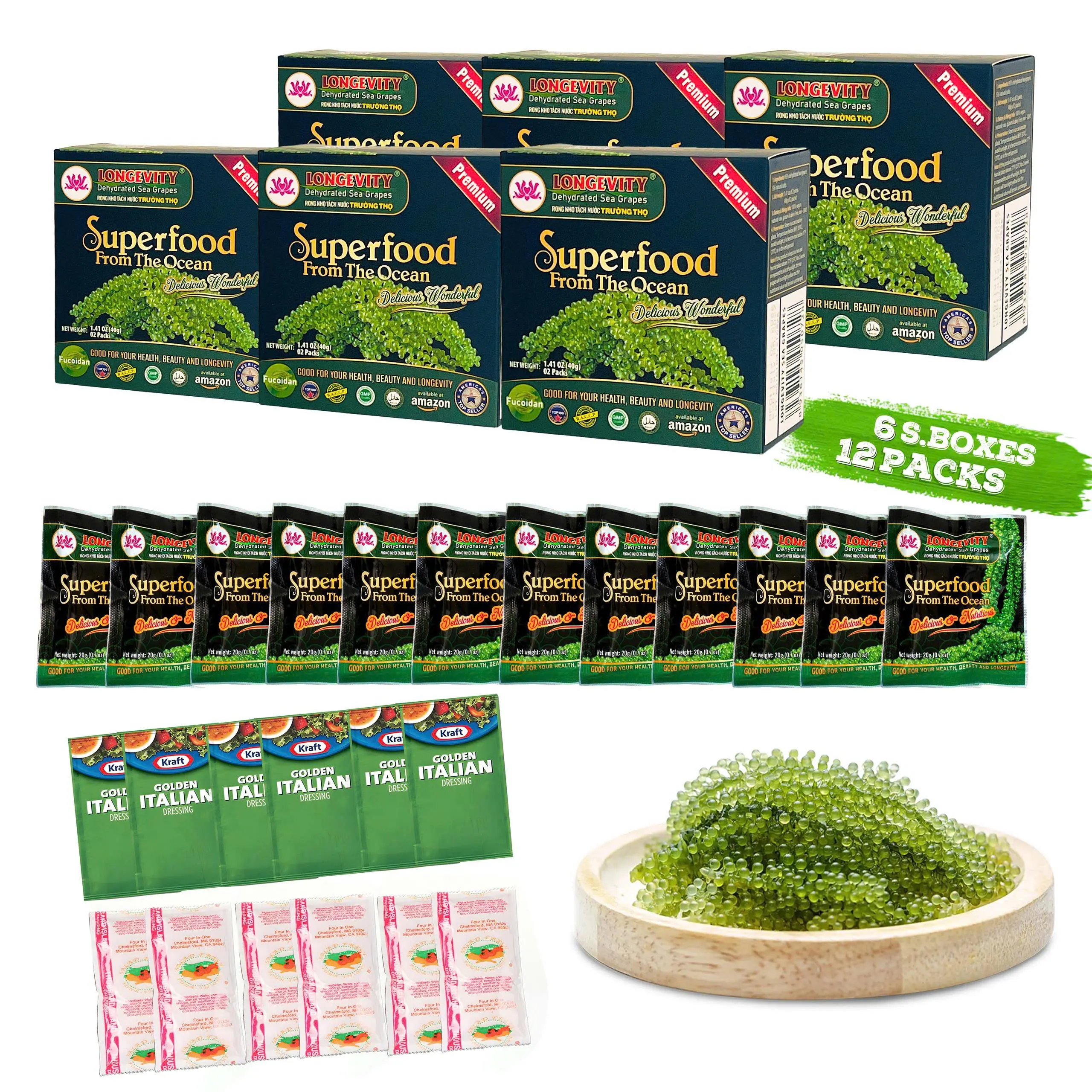 6  S.BOXES Longevity Dehydrated Sea Grapes - COMBO 6 BOXES 12 Packs Green Caviar Umibudo Latok Seaweed Organic Premium Quality Crunchy Flavor Superfood From The Ocean