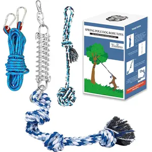 Spring Pole Rope Toys: Rope Pull & Tug of War with Big Spring Pole Kit & 2 Strong 16ft Toys, Muscle Builder Interactive Toy for Pitbull Medium to Large Dog