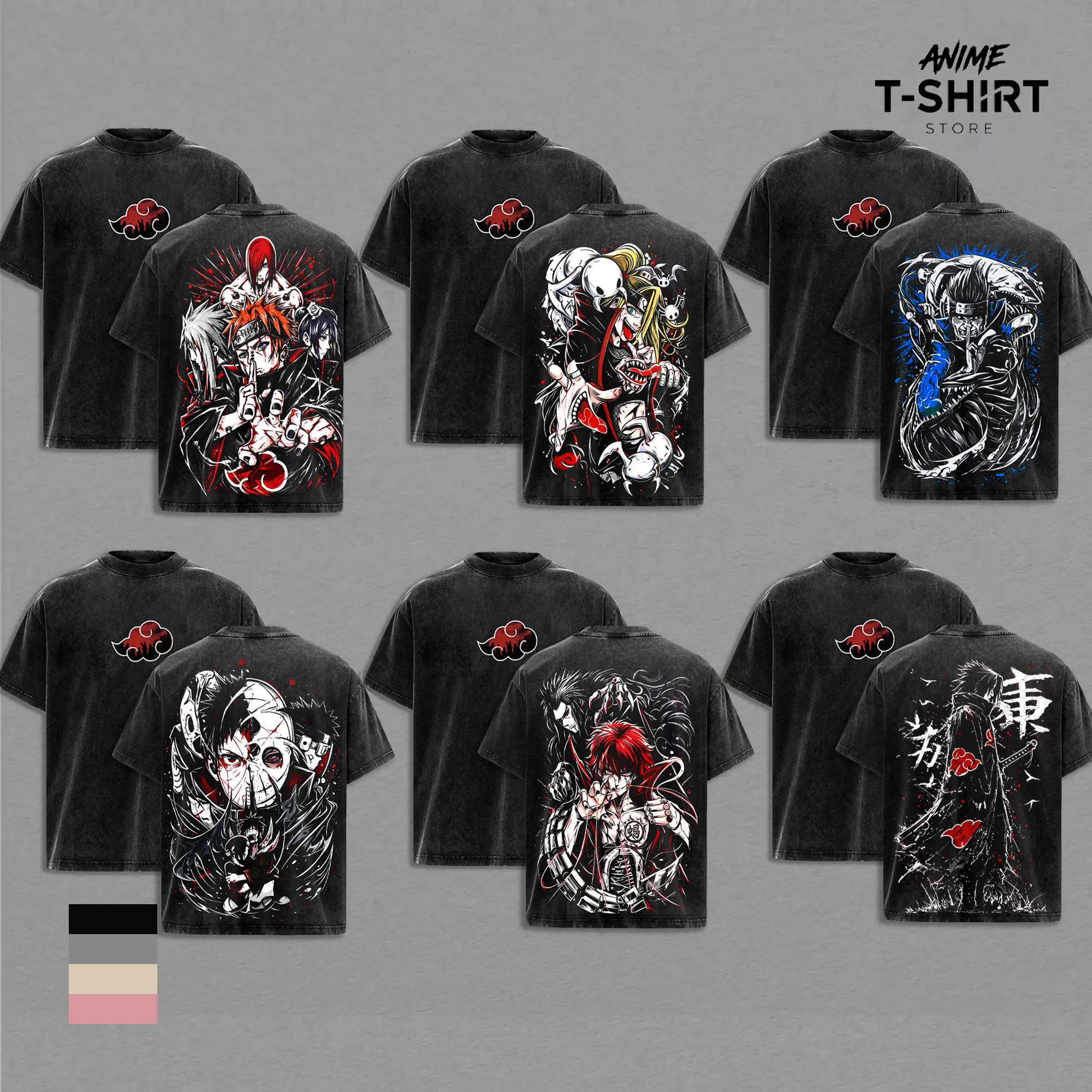 Akatsuki Clan Collection Shirt Pain Deidara Kisame Obito Sasori Sasuke Vintage Washed Oversized Anime Graphic Tee Unisex Streetwear Anime Fan Gift