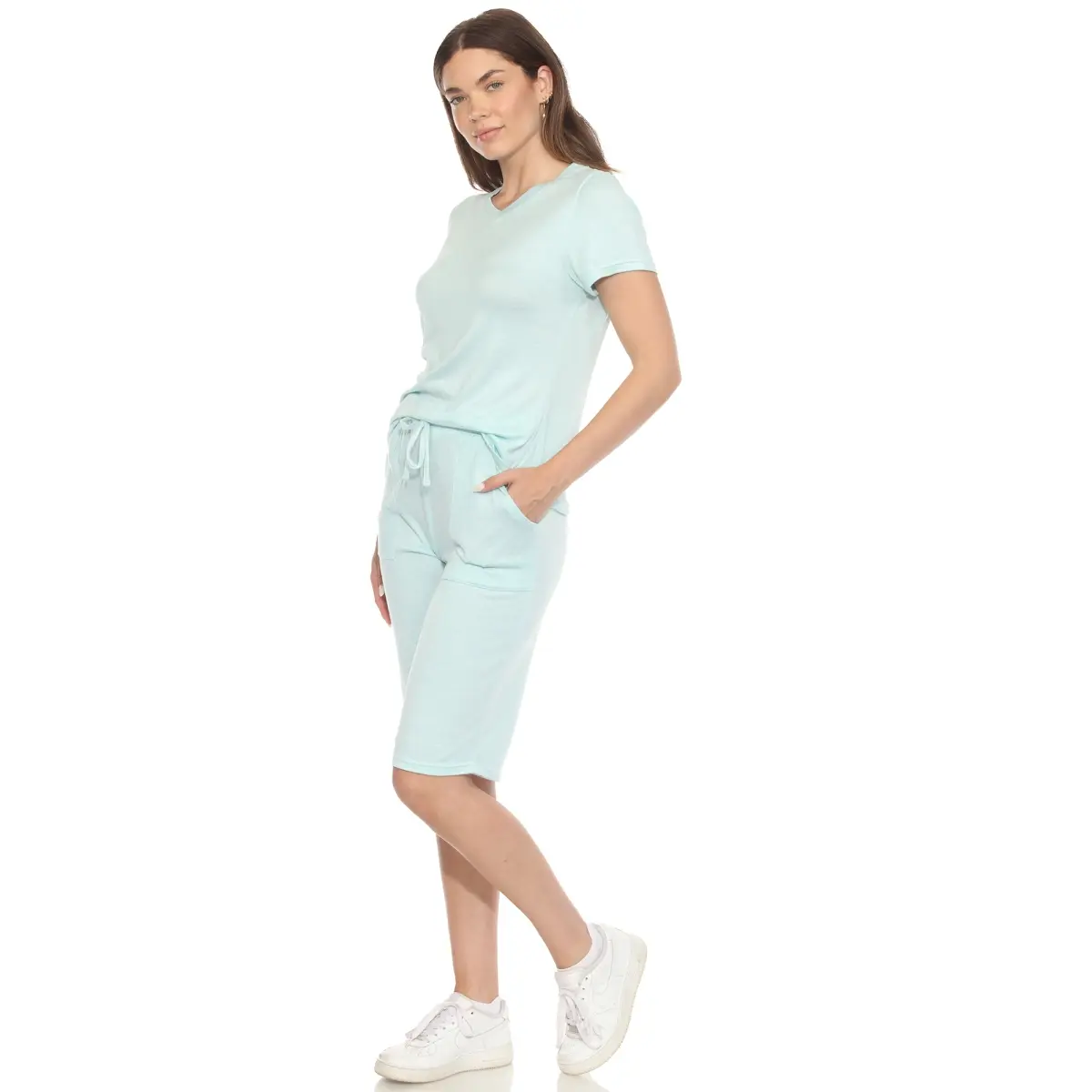 212 MAIN Women's Comfortable 2-Piece Pajama Set - Short-Sleeve Knit Top, Adjustable Elastic Capri Pants with Pockets, Basic Breathable Turquoise Extra-Large Loungewear (3627-13-XL)