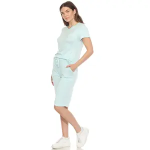 212 MAIN Women's Short-Sleeve Knit Capri Pajama Set - Soft, Breathable, Elastic Fabric, Adjustable Fit, Basic Turquoise Top & Pants with Pockets, Medium (3627-13)