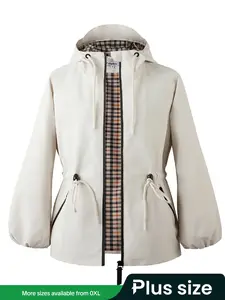 Women's Plus Size Solid Color Zip-Up Hoodie, Lightweight Waterproof Outdoor Jacket, Casual Long Sleeve Top for Spring & Fall