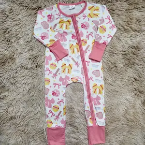 Pink long sleeves softball bow zipper sleepers baby girls clothing