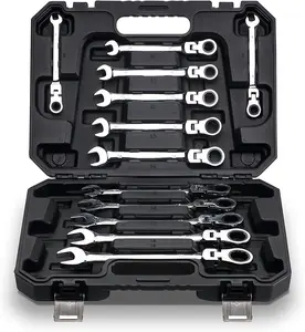 12-Piece Flexible Head Ratcheting Wrench Set, Metric Combination Spanner Kit, 8-19mm Chrome Vanadium Steel Ratchet Wrench Set with Portable Suspended Toolbox