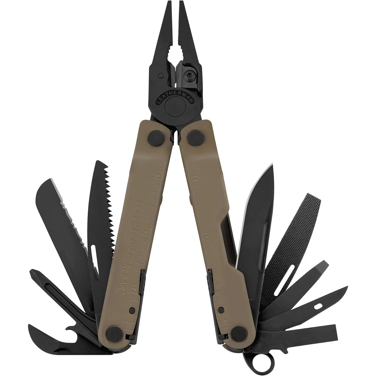 Lightweight Rebar Multitool with Premium Replaceable Wire Cutters, Saw, Pliers, Screwdrivers, Ruler, Bottle Opener, Coyote Tan with Nylon Sheath
