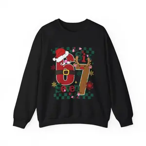 Christmas 67 Sweatshirt Holiday Crewneck Pullover Xmas Winter Festive Sweater Gift Red Green Snowflake Top Cotton Fabric Women's Casual Hoodie Womenswear Knit Ribbed Long Sleeve