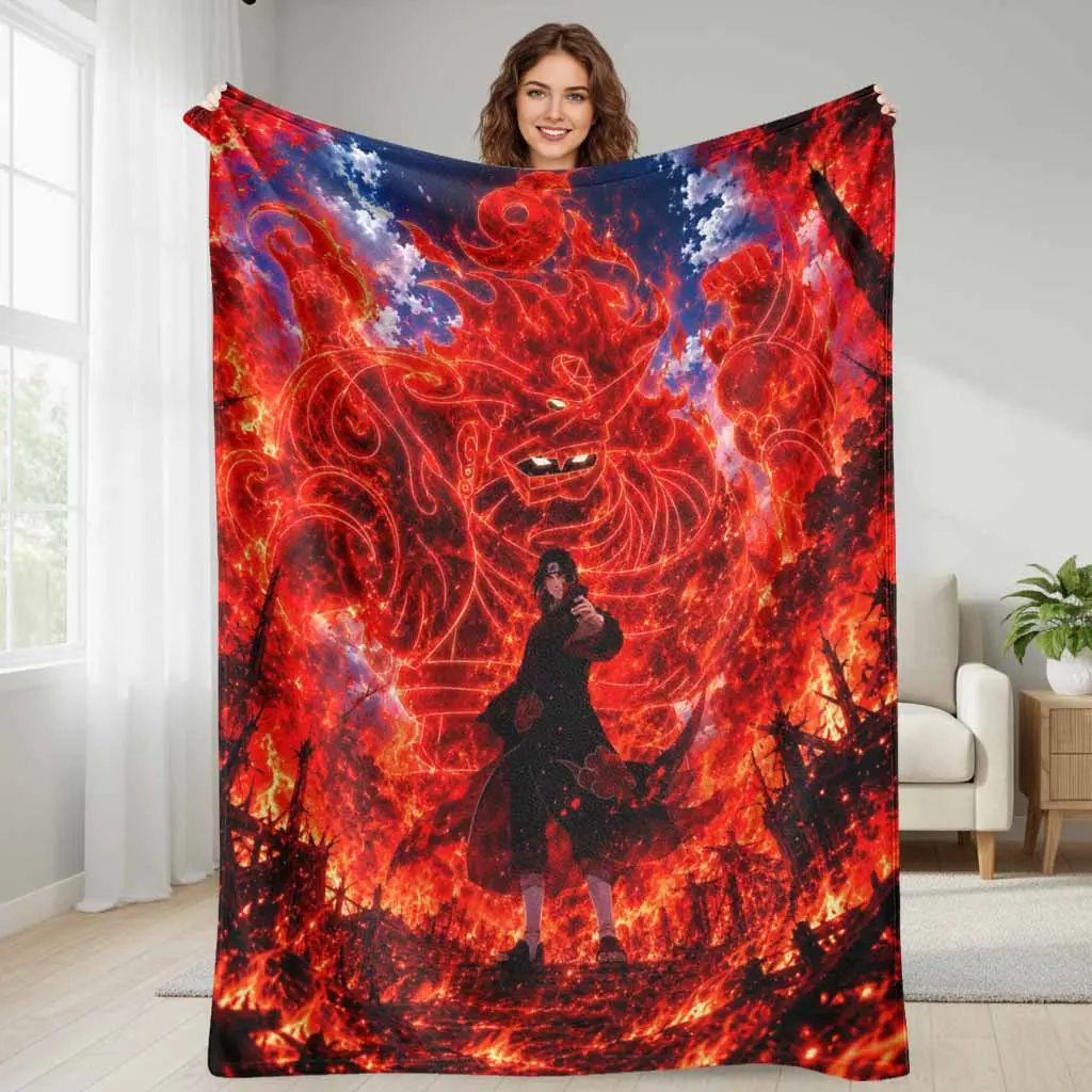 Anime Ninja Battle Scene Flannel Fleece Blanket, Fiery Red Chakra Monster Pattern, Ultra Soft Lightweight Warm Plush Bedding for Living Room Couch, Bedroom Decor & Birthday Holiday Gift for Friends/Family