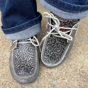 Twisted X Women's Grey Tooled Leather Boat Shoe Driving Mocs WDM0130